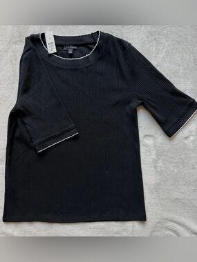 Talbots Black Ribbed Knit Top with White Trim
